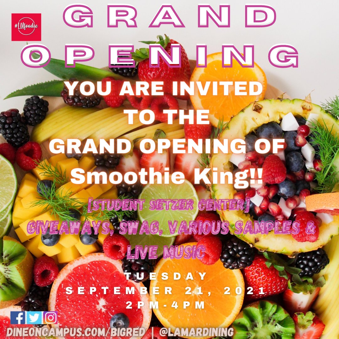 LamarDining's tweet photo. NEW UPDATE: π π Cardinals, come out & celebrate the official Grand Opening for Smoothie King on September 21, 2021. Time: 2PM-4PM! Located in the Student Setzer Center. There will be various samples, giveaways, & live music! #BoostSwag #LUdining #LamarUniversity #LUFoodie https://t.co/6MUnmY7dvh