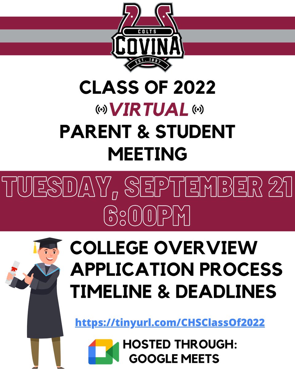 Covina High Counseling (@coltscounseling) on Twitter photo Class of 2022 Parents and Students, please join us virtually on Tuesday, 9/21 at 6pm! <a href="/CHS_Colts_CCC/">Covina High College and Career Center</a> <a href="/CovinaHighASB/">Covina High ASB</a> <a href="/CovinaColts/">Covina High School</a> <a href="/CovinaAthletics/">Covina HS Athletics</a> Class of 2022 Parents and Students, please join us virtually on Tuesday, 9/21 at 6pm! <a href="/CHS_Colts_CCC/">Covina High College and Career Center</a> <a href="/CovinaHighASB/">Covina High ASB</a> <a href="/CovinaColts/">Covina High School</a> <a href="/CovinaAthletics/">Covina HS Athletics</a>