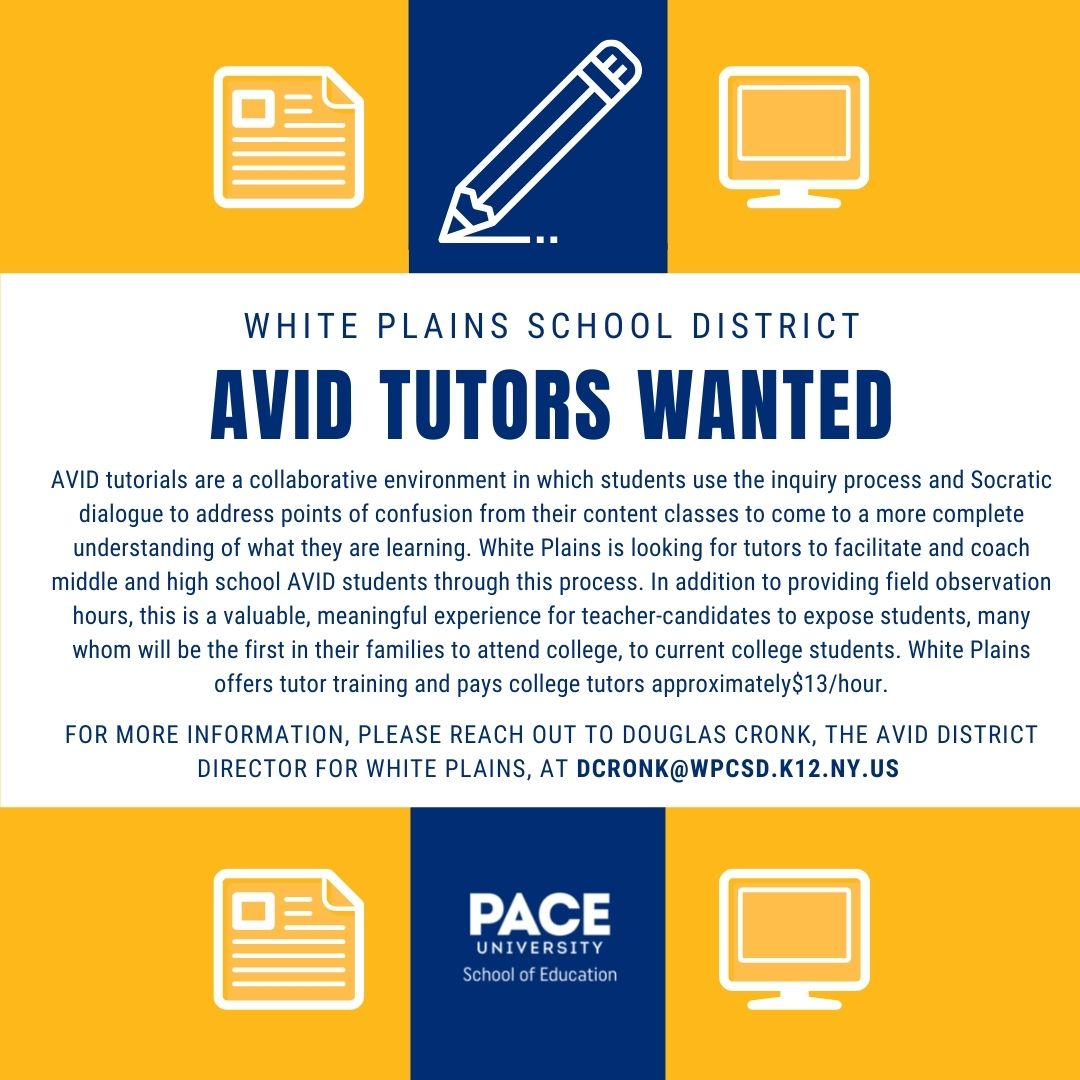 Calling all #PaceSOE students! Need fieldwork hours? Looking to tutor? Check out this paid opportunity to work with AVID students in White Plains. Sign up today at: fal.cn/3iho6 <a href="/English_WPCSD/">English Dept - WPCSD</a>  <a href="/kmclyons/">Kara McCormick-Lyons 🇺🇸🍎</a>  <a href="/caryncap718/">Caryn Friedman</a> @drjosephricca