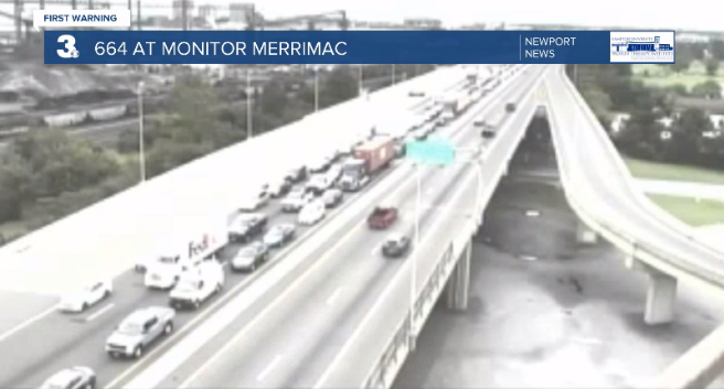 WTKR3's tweet photo. #Traffic alert: Crash at entrance to #MMMBT causes backups on I-664 S in Newport News; Expect backups to Roanoake Ave. https://t.co/VjZkE9LTv9 @TedNoah https://t.co/Ux36jmjZVh