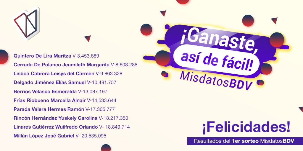 BcodeVenezuela's tweet photo. ¡Te actualizaste y ganaste! 🥳

Estos son los ganadores del 1er sorteo MisdatosBDV quienes recibirán un abono de 100$ 💵 en su cuenta BDV, al cambio de la tasa BCV del día

¡Aún tienes 3 oportunidades más para ganar! https://t.co/6lL6owfpqG