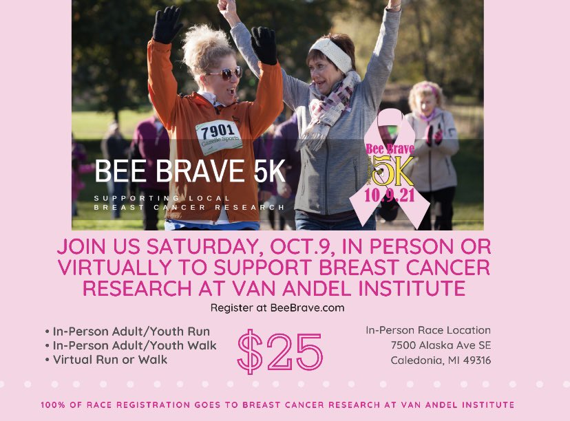 Van Andel Institute Purple Community (@purplevai) on Twitter photo Join us for the <a href="/BeeBrave5K/">Bee Brave 5K</a> on Saturday, Oct. 9 and raise funds to support breast cancer research at <a href="/VAInstitute/">Van Andel Institute (VAI)</a>! Register today at purplecommunity.vai.org/bee-brave/ Join us for the <a href="/BeeBrave5K/">Bee Brave 5K</a> on Saturday, Oct. 9 and raise funds to support breast cancer research at <a href="/VAInstitute/">Van Andel Institute (VAI)</a>! Register today at purplecommunity.vai.org/bee-brave/
