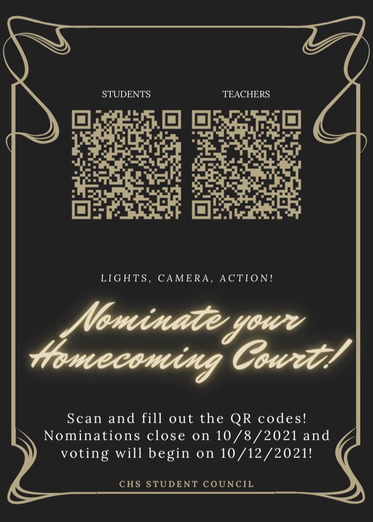 CHSTitansStuCo's tweet image. Lights, camera, action! Homecoming is just around the corner so be sure to nominate your hoco court, buy your tickets, and fill out the guest form(if applicable). More information in the posters below! 🎥🎞✨