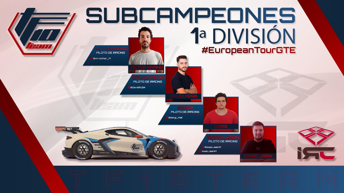 ‼️SUBCAMPEONES‼️ 🏆🏆🏆🏆 @mrvicthor_17 @DavidPJ34 @Sergi_Mat @IsaacJaenM se convierten en subcampeones en la primera división del campeonato #EuropeanTourGTE de @IrcController Felicitar a la organización por el gran trabajo y a @ZennithEsports por el Campeonato. #FullTF10