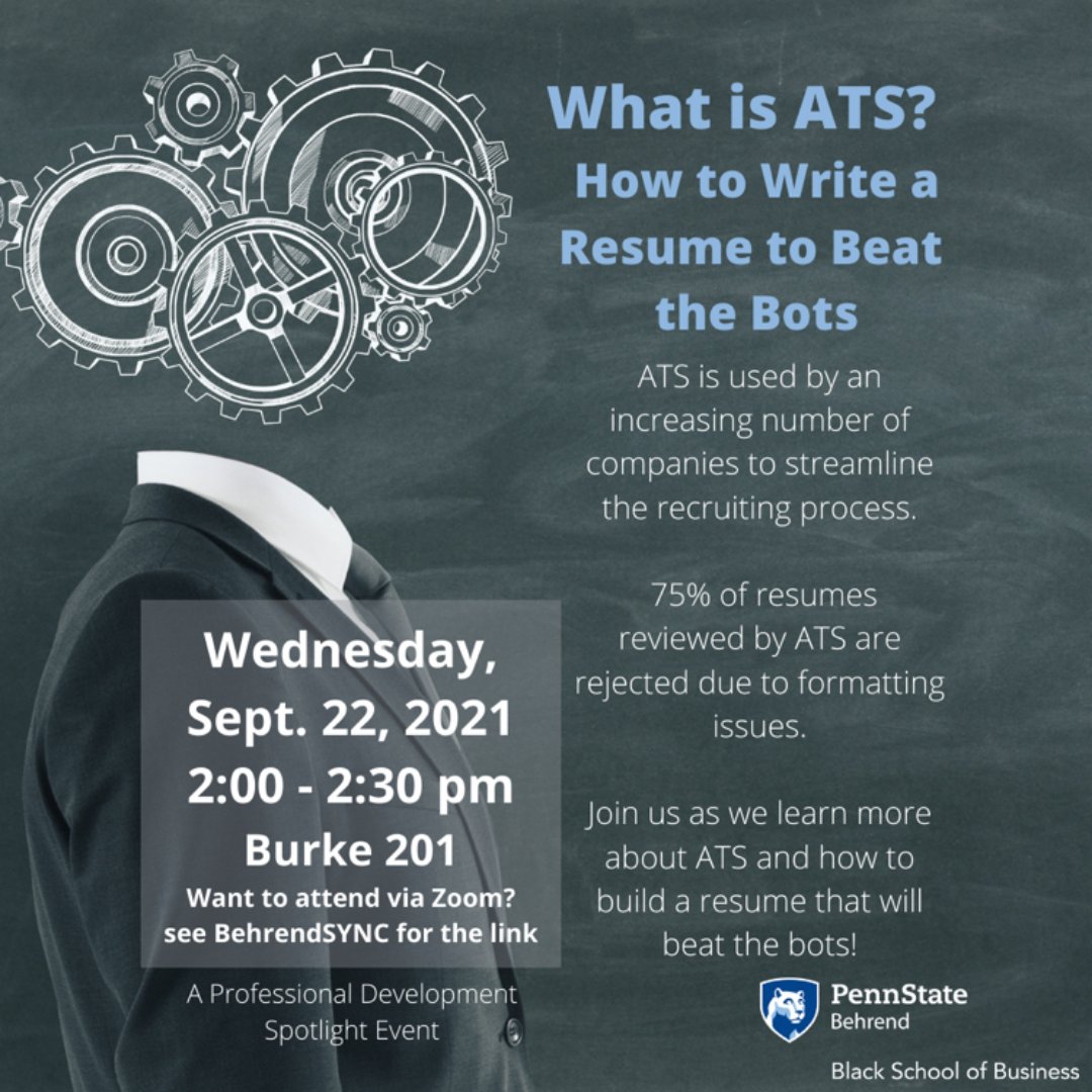 BehrendACPC's tweet photo. Resume formatting is extremely important! ATS might reject your resume before it is ever seen by a human because of formatting issues. Join the Black School of Business on Wednesday, September 22nd at 2:00pm for a 30-minute session on "What is ATS? How to Write a Resume to Beat t https://t.co/mU3Z9zrJPU