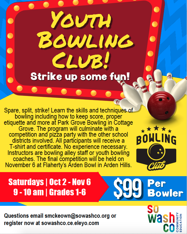 New this fall! Bowling Club for Grades 1-6. Saturday mornings at Park Grove. Register today conta.cc/3jWshaV