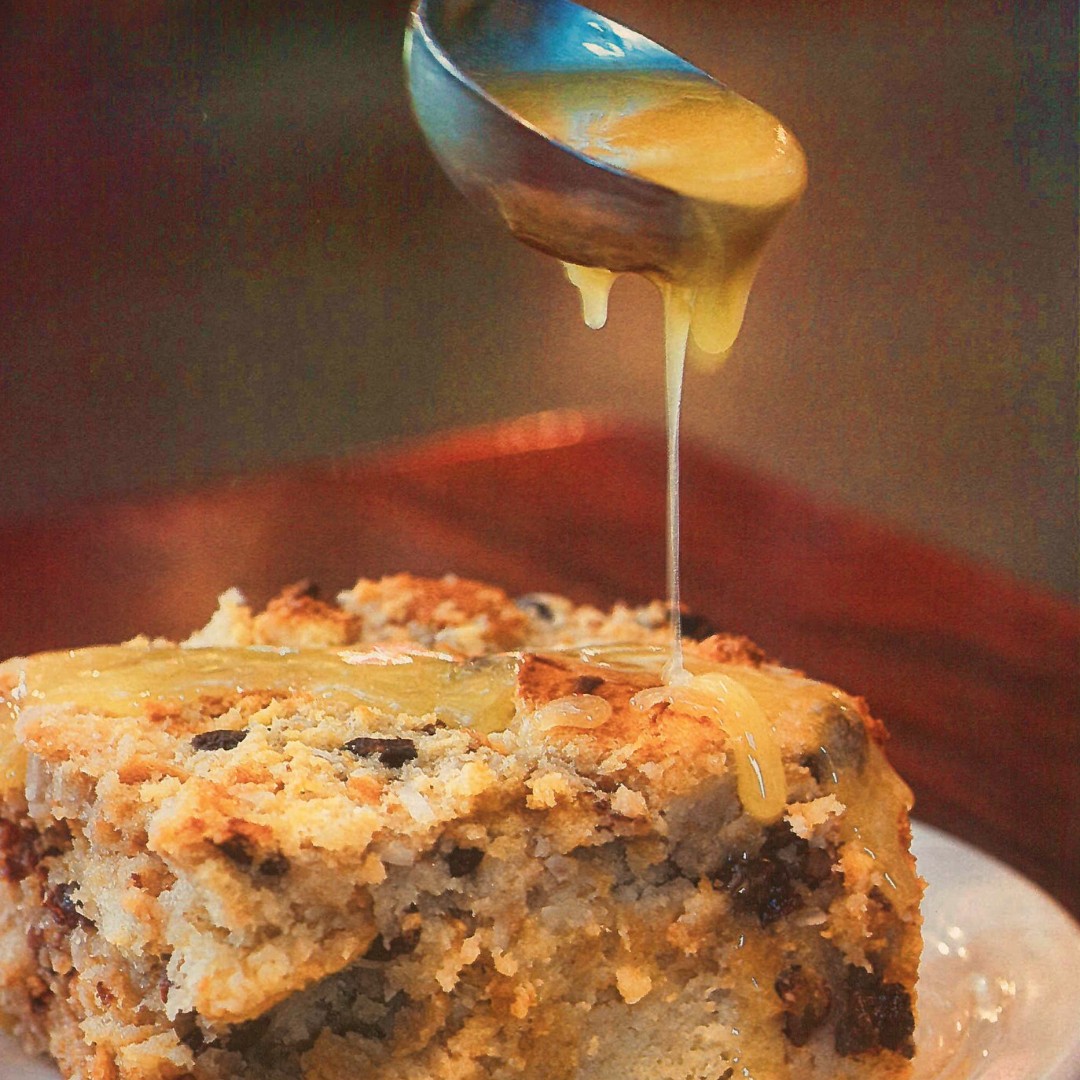 Treat yourself with our Bread Pudding topped with whiskey sauce 👍