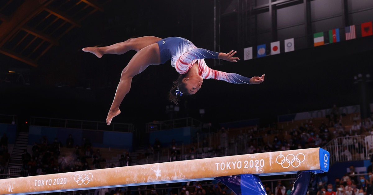 Simone Biles competes in the women's balance beam final in the 2020 Olympic Games on Aug. 3, 2021, in Tokyo.