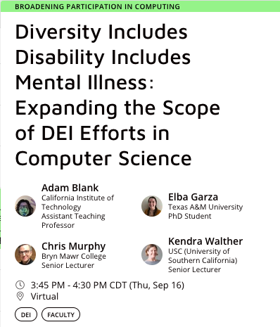 heyelbs's tweet photo. If you're attending #Tapia2021 today, be sure to come by and say hi! 👋🏽

I'll share my experiences with disclosing my disabilities to my (super awesome) PhD advisor, &amp; ways to make computing more open to all... because diversity includes disability, even "invisible" ones. https://t.co/nyxpGzstHA