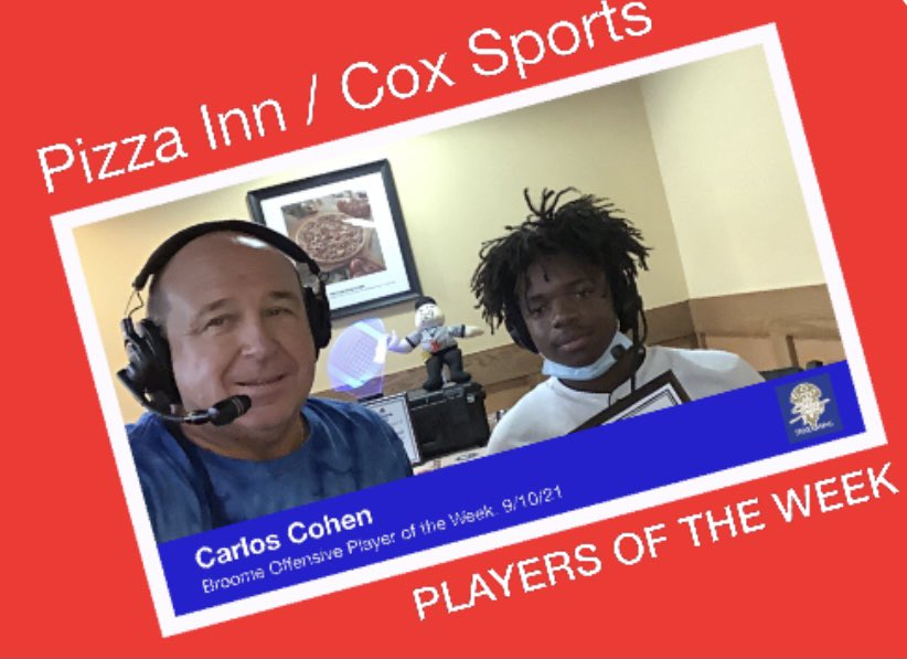 coachescorner43's tweet photo. Congratulations to Carlos Cohen on being selected the Pizza Inn/Cox Sports Broadcasting Broome Offensive Player of the Week for 9/10/21 https://t.co/r4OsDKNlKf