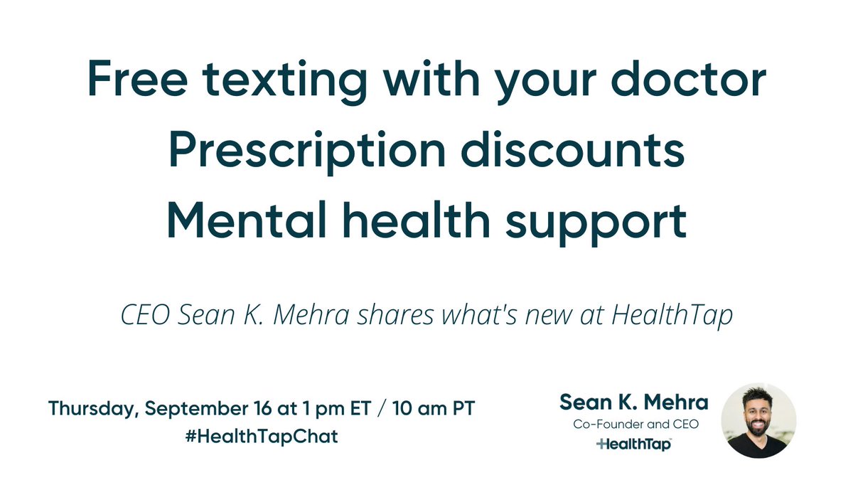 HealthTap's tweet photo. Q1. HealthTap now offers members free texting with their doctor. What inspired you to offer texting for free, and how does it work?

CEO @seanmehra is here answering questions about how we're bringing affordable, high quality primary care to millions of Americans. #HealthTapChat https://t.co/aNbuqkoQTv