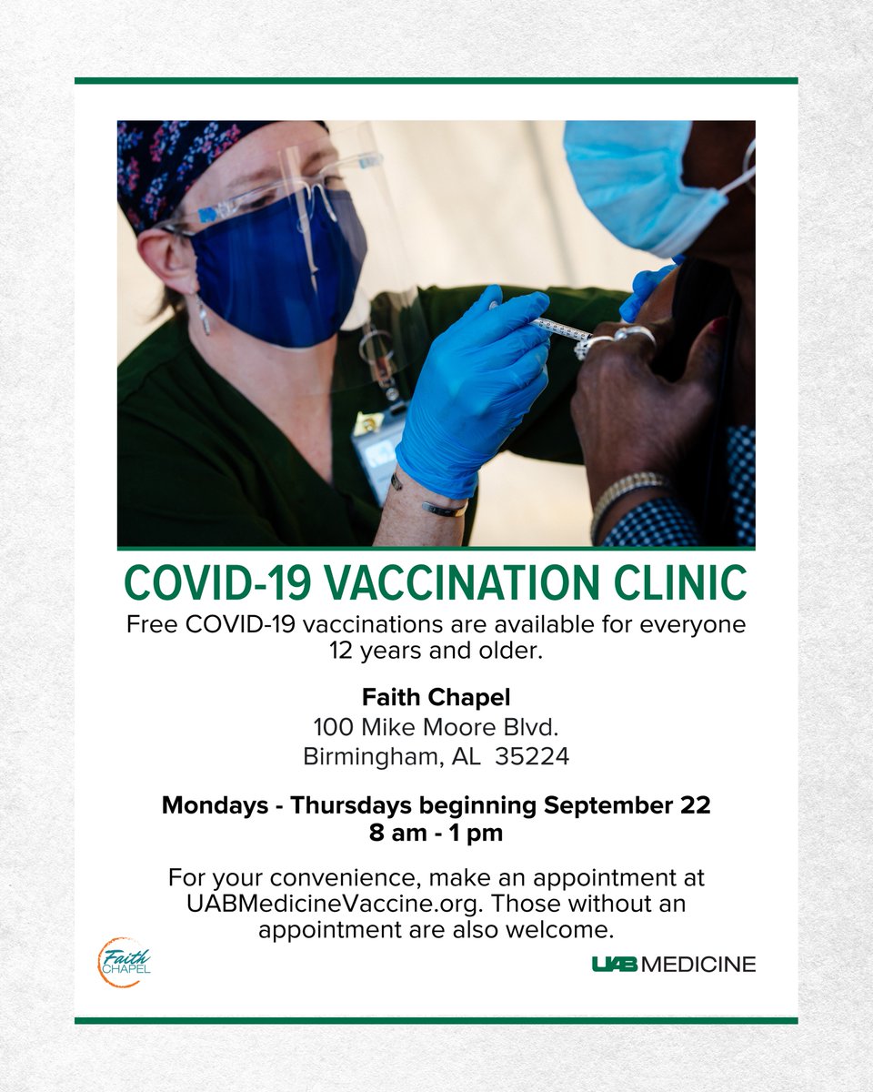 faithchapelbham's tweet photo. In partnership with the University of Alabama at Birmingham and UAB Medicine, Faith Chapel has extended its resources and Birmingham location to serve as a Drive-Thru COVID-19 Vaccination Site. Please spread the word! #FaithChapelAndTheCommunity https://t.co/aBsobtmQAe