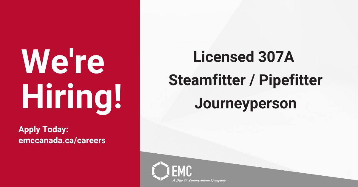 EMC is currently seeking a licensed 307A Steamfitter / Pipefitter Journeyperson to join our team.

To learn more, and #apply, visit our website: emccanada.ca/careers

#nowhiring #empoweryourcareer