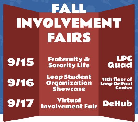 dpuFutureAlumni's tweet photo. Join us today from 1-3 for the Loop Involvement Fair! Find us and other student orgs on the 11th floor of the DePaul Center (1 E. Jackson)! See you soon ✨ https://t.co/WRlgR2I9NB