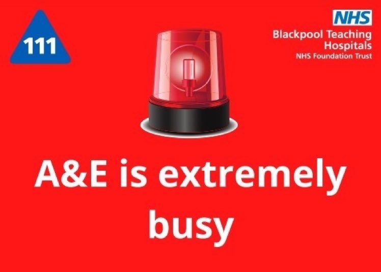 🚨 Our Emergency Dept (A&amp;E) is still extremely busy tonight 🚨 

Please get help straight away from NHS 111 or your @FyldeCoastCCGs GP. 

When do you actually need A&amp;E? Find out here: orlo.uk/2DP7i

#HelpUsHelpYouNW #NHS111 #EmergenciesOnlyjan