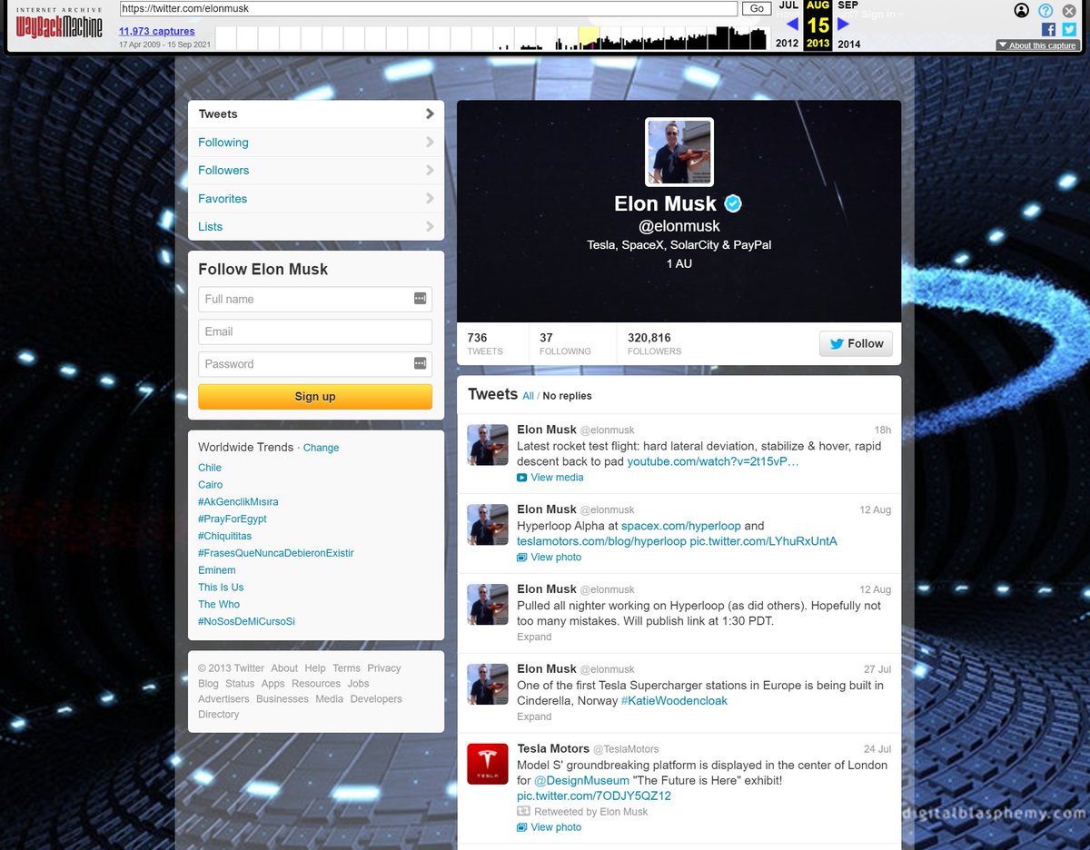 This was <a href="/elonmusk/">Elon Musk</a>'s Twitter back when he only had 300K followers.  Nice background!!  Elon's prescient wit and my graphics helped launch this account to into the Twitter elite.   Now you can own "Accelerator" as a 1/1 #NFT on @withFND ☺

foundation.app/@dBlasphemy/ac…