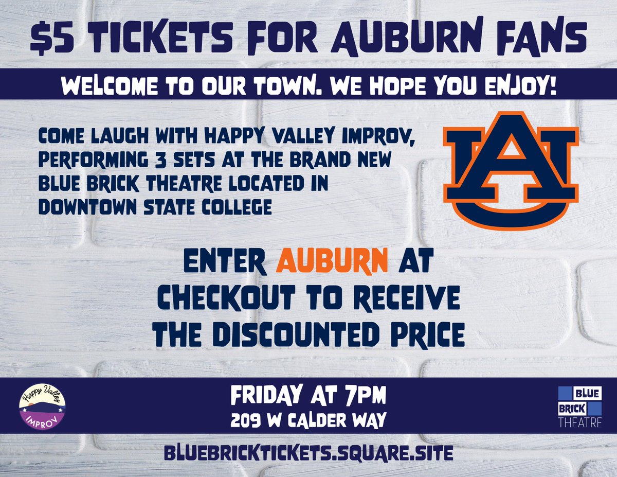 What's up <a href="/AuburnFootball/">Auburn Football</a> fans?! We'd like to offer those of you in town a $5 ticket to our show Friday night! Come see our vibrant downtown (<a href="/DSCID/">DowntownStateCollege</a>) and enjoy an evening of laughs.

🔗: checkout.square.site/merchant/PNGHQ… 

Vaccine Proof &amp; Masking Required.