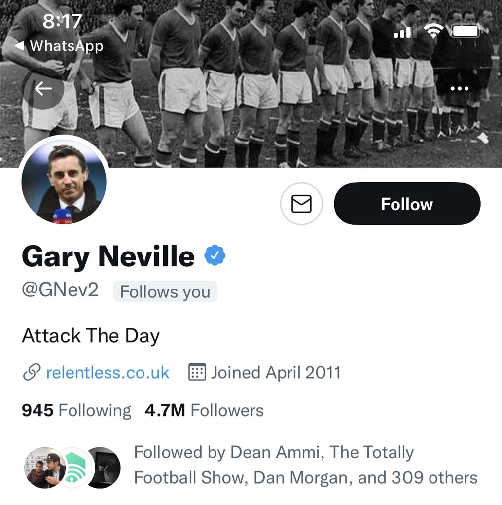Gaurang Manjrekar (@maanjrr) on Twitter photo As a Liverpool fan, I consider it a travesty that <a href="/GNev2/">Gary Neville</a> has followed me before <a href="/Carra23/">Jamie Carragher</a>
(JK, please don’t unfollow me, Gary) As a Liverpool fan, I consider it a travesty that <a href="/GNev2/">Gary Neville</a> has followed me before <a href="/Carra23/">Jamie Carragher</a>
(JK, please don’t unfollow me, Gary)