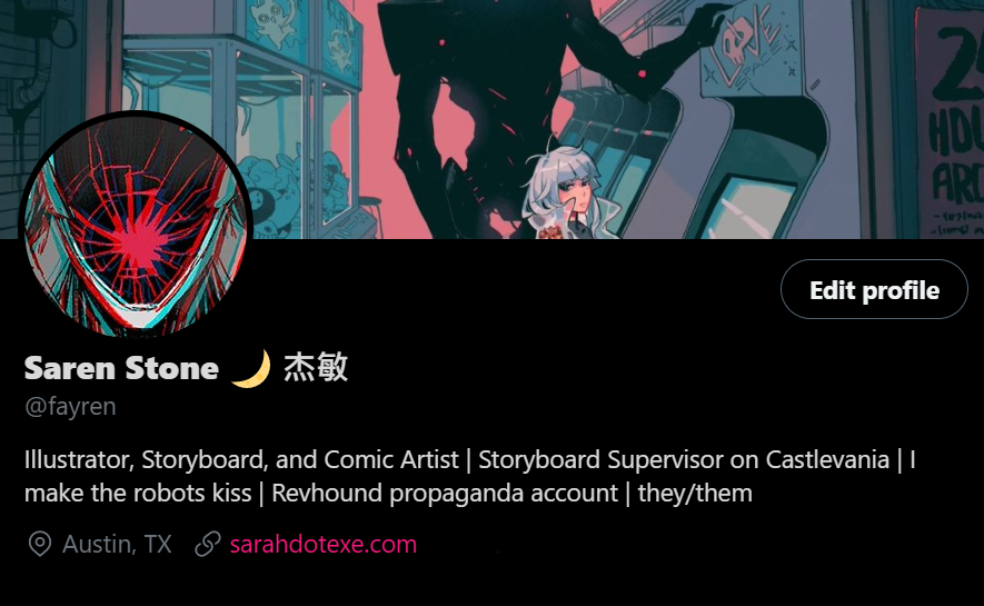 Hey all! I know I've been quiet lately, but I've decided to start officially going by Saren, and use they/them pronouns. 🖤✨ I'm also honored to have been invited back to the Castlevania crew as a Storyboard Supervisor! Thank you Powerhouse for believing in me ☺️💖