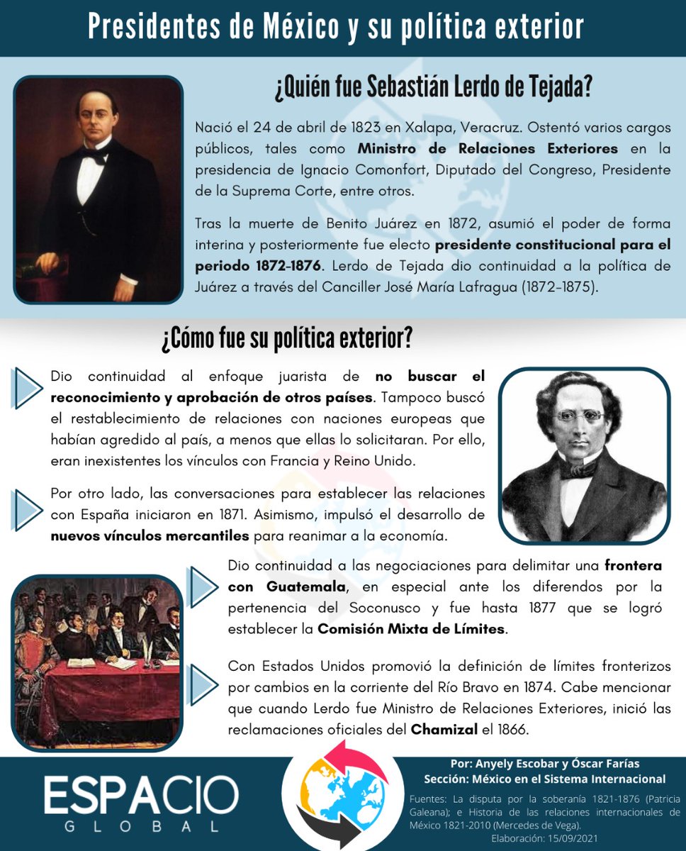 Tras la muerte de Benito Juárez, el nuevo presidente Sebastián Lerdo de Tejada dio continuidad a los objetivos juaristas. Conoce más de este presidente y sobre su legado en la #PolíticaExterior del país 🇲🇽
