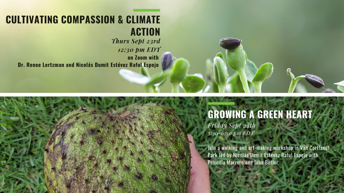 CityAsLivingLab's tweet image. Next week is #ClimateWeekNYC and we've got two great programs lined up, a zoom panel on 9/23 &amp;amp; an outdoor workshop on 9/24, both focused on the role of #compassion in cultivating more #SustainableCommunities. Visit cityaslivinglab.org/events to to learn more. #climate #ecoart #nyc