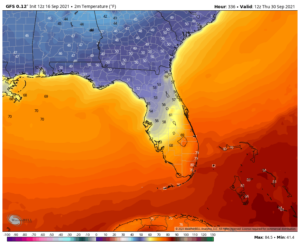 PaulFox13's tweet photo. We are on cold front watch. GFS is going with 40°s and 50°s morning of September 30th over northern half of #Florida. It's a 14 day forecast, so at this point, it is strictly for entertainment purposes only. (but ya never never know) 🙏 https://t.co/ilGgFfBGKj