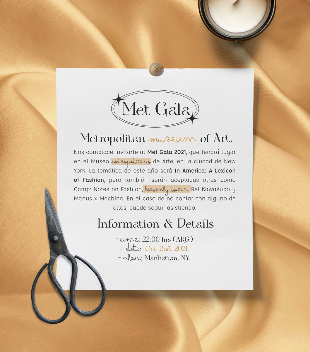 Finalmente acá está la invitación para que todes asistan a nuestra Met Gala el próximo 2 de Octubre a las 22 hrs (horario argentino). Ésta es nuestra invitación pública para que vaya el que quiera; si rellenan el corazón también les estaremos enviando todo por privado. 🧡