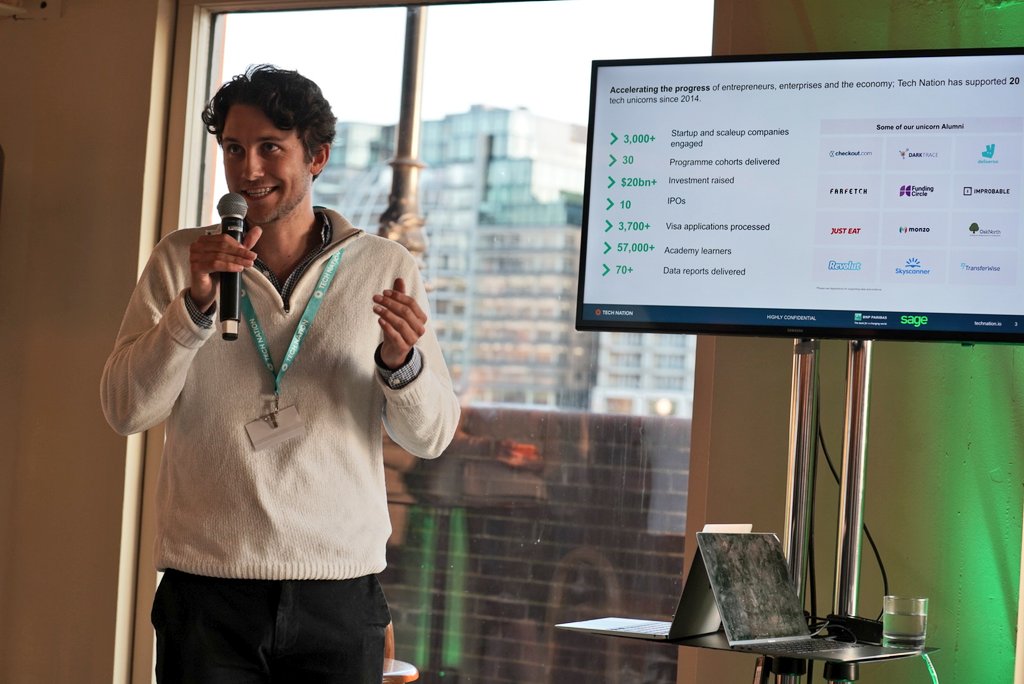 TechNation's tweet photo. We're in London at the launch of our Net Zero 2.0 growth programme! In attendance are our latest group of founders innovating to tackle the climate crisis. 🌱  With thanks to our Headline Partner @BNPParibasUK and Programme Partner @sageuk. https://t.co/B1elIfrsH8