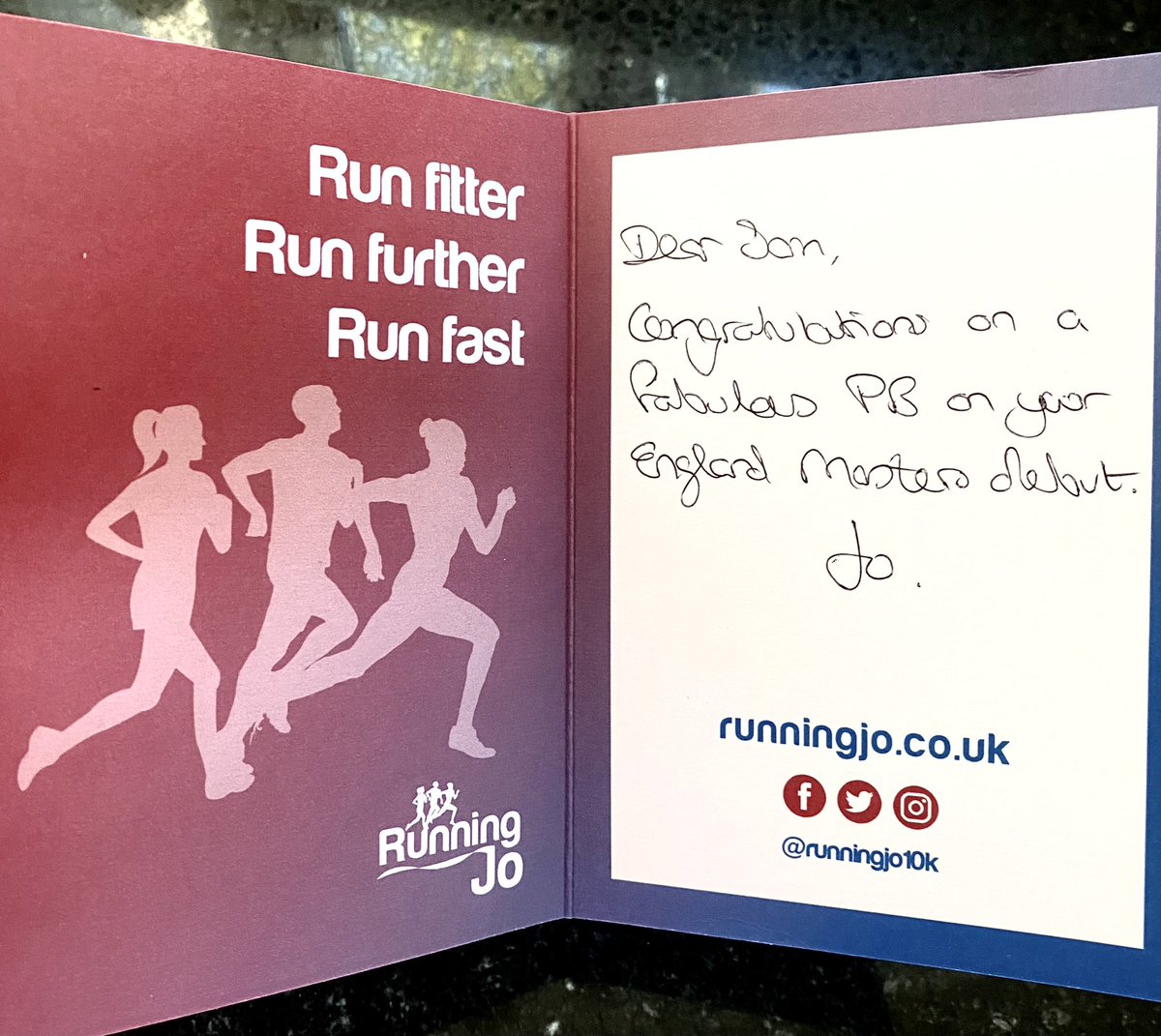 When a surprise card drops through your letterbox! Praise indeed from my coach ☺️ thanks @runningjo10k for helping me achieve my goals! #englandmasters #newpb #fasterwithage #runninggoals