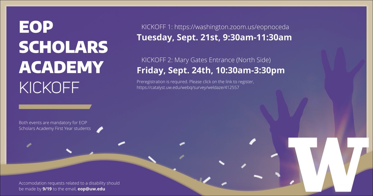 uweop's tweet photo. The Education Opportunity Program presents to you our EOP Scholars Academy Kickoff! This year’s kickoff is a two-day event consisting of a zoom event and an in-person event taking place on campus. ALL incoming EOP Scholars Academy students are required to attend BOTH events. https://t.co/esruqxr5Ic