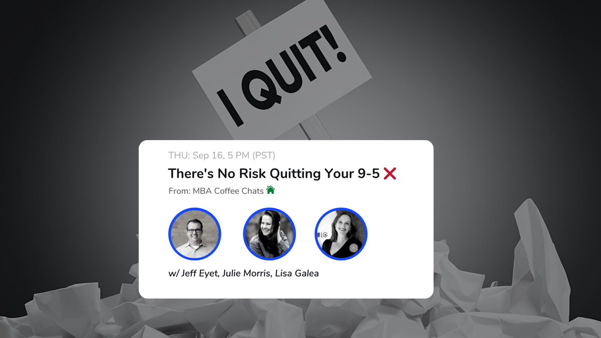 MBAChats's tweet photo. 🤔 What is "your why" to start your own #consulting company?

📢 Join our #clubhouse session as we discuss "There's No Risk Quitting Your 9-5" with @jeffeyet, @thelisagalea and @juliemichellemo at 5 PM PST on 👉 https://t.co/CcKoJScFby

#independentconsultant #entrepreneurship https://t.co/dAUyxQmkz0