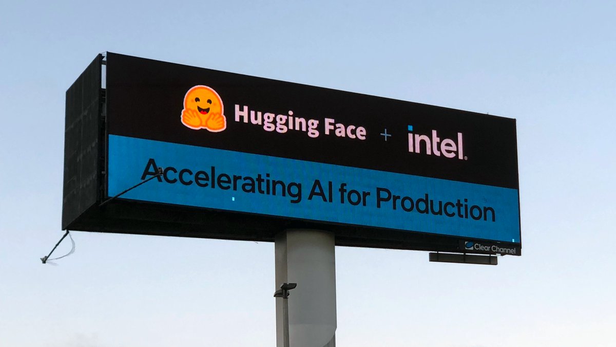 We are proud to collaborate with @IntelAI to Accelerate AI for Production! 🤝🦾 Check out how to easily quantize and prune models with our new 🤗 Optimum library, integrating Intel LPOT: huggingface.co/hardware Reply if you spotted this billboard on US 101 by SFO this week! 😎