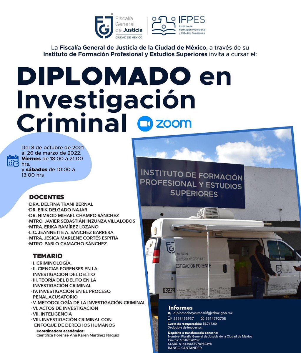 IFP_CDMX's tweet photo. 📌 Tenemos disponible el "Diplomado en Investigación Criminal" 🔍

Continúa con tu profesionalización y adquiere más herramientas para la investigación del delito. 

🗓 8 de octubre
💻 Modalidad virtual 
🔗 Si deseas más información escribe a: diplomadosycursos@fgjcdmx.gob.mx https://t.co/NSL4tQme0a