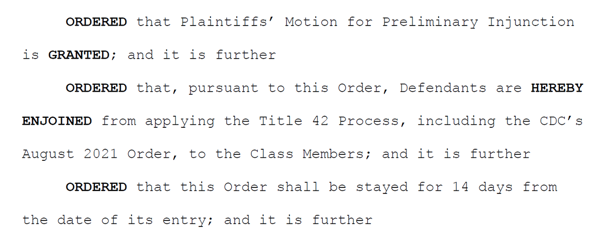 WangCecillia's tweet photo. BREAKING: federal court blocks Title 42 immigration ban, grants class certification for families seeking asylum. Order stayed for 14 days to permit US appeal. @ACLU https://t.co/elbed4bAQE