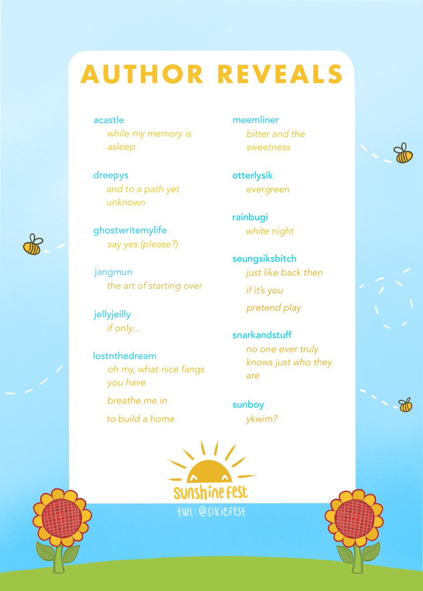 sikiefest's tweet photo. the day has finally arrived: it’s time for author reveals!!!

below is the official list of all our writers and their lovely works 💕

thank you all so much for supporting our fest!! please continue showing our authors love and support for their work! they all deserve it 🥳✨ https://t.co/PTE4SJ1cOD