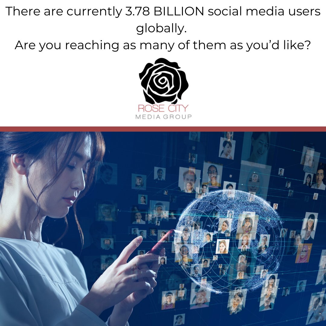 rosecitymedia's tweet photo. There are currently 3.78 BILLION social media users globally. Are you reaching as many of them as you’d like?⁠
⁠
#rosecitymediagroup #socialmedia #socialmediamarketing #contentcreator #digitalmarketing #mediaagency #marketingagency #socialinfluencer #brandpartnership https://t.co/8WDZEmuqNU