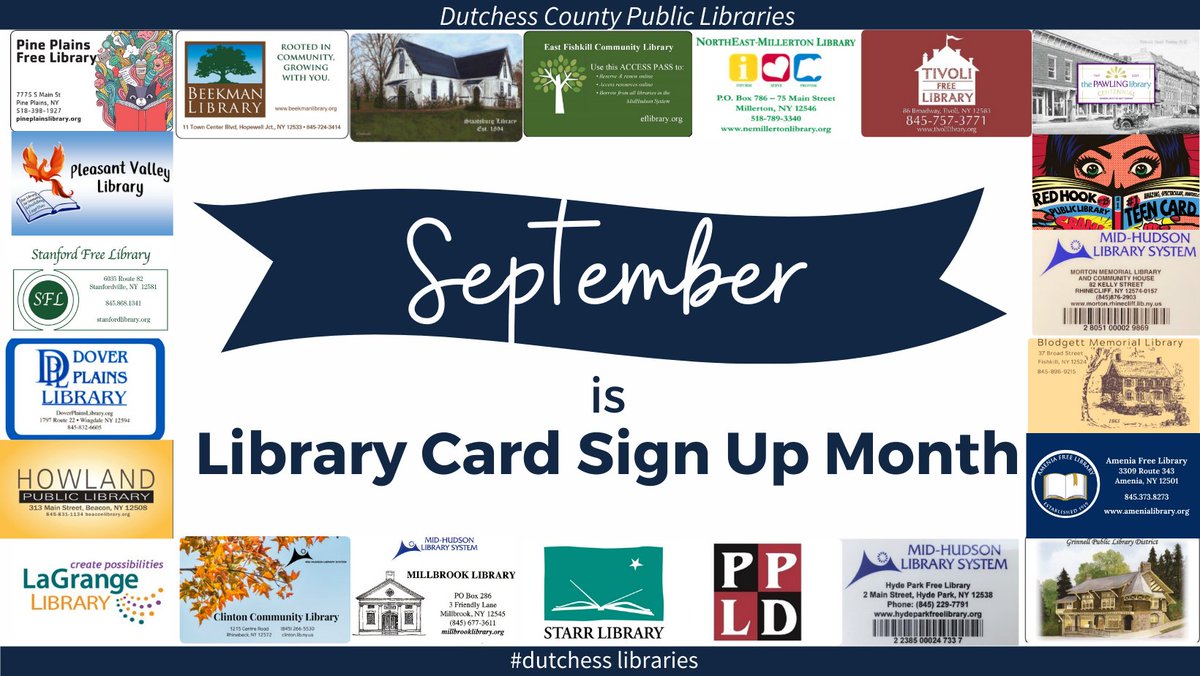 PawlingLibrary's tweet photo. September is Library Card Sign Up Month. Visit the Pawling Library in person or signup online at https://t.co/yGYuqkIyrC to get started. #dutchesslibraries #LibraryCardSignUpMonth #librariesareforeveryone #dutchesscounty #midhudsonlibrarysystem #hudsonvalley https://t.co/mNdV43hmoU