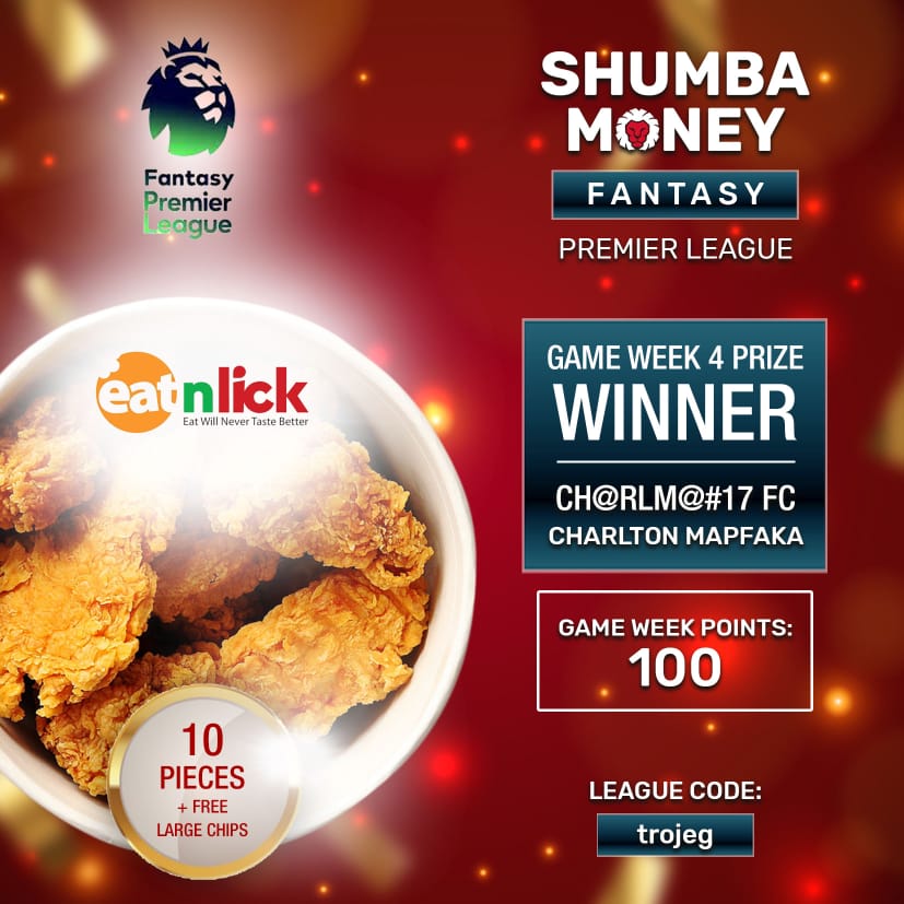 shumba_money's tweet photo. Congratulations to the Game week 4 winner Charlton Mapfaka! 

Please dm your details to reedem your prize of the Family Pack proudly sponsored by @EatnLickOffical ! 

Much more to munch on stay tuned..... 

#Zimbabwe #Shumbamoneyfpl #fpl https://t.co/1ABCOnwfAI