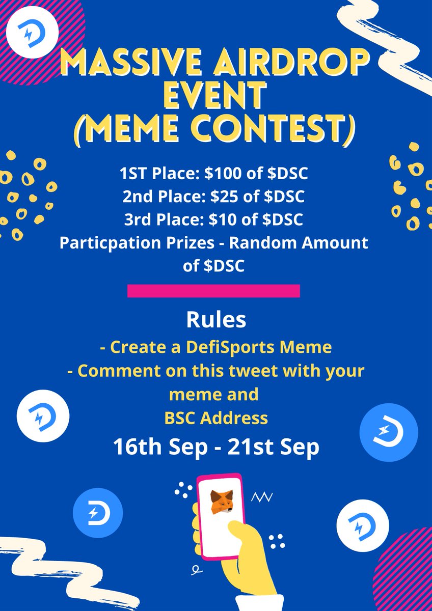 DefiSportsCoin's tweet photo. Like, Create, Rewteet!!!👇👇
Win some free $DSC!!
Best meme wins! 🙈

Show us how creative you are! 
💭💭💭

#ShapeTheFuture #altcoin #bsc #bscgem #Giveaways #airdrop #contest #MemeContest https://t.co/HNDJd0kI7o
