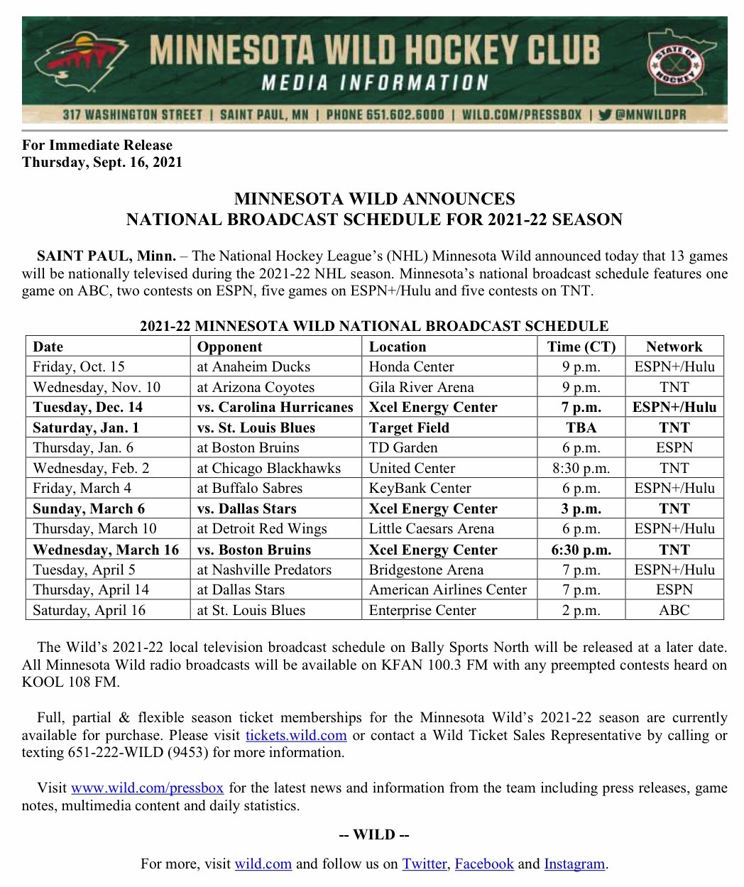 Minnesota Wild PR on Twitter "The mnwild announced today 13 games