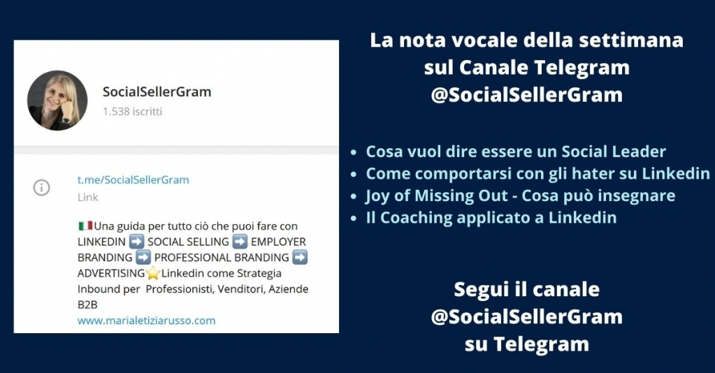 💥 La NOTA VOCALE TELEGRAM della settimana
su Canale Telegram 👉 t.me/SocialSellerGr… dedicato a #Linkedin
▪ Comunicazione CEO - BRANDING 
▪ Hater - Come gestirli? 
▪JOMO - Joy of Missing Out - Assente su Linkedin e quindi?
▪Linkedin e il Coaching - Cosa cambia?