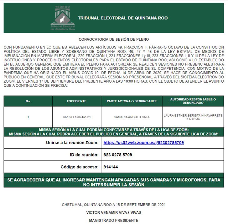 TEQROO_Oficial's tweet image. #AvisoComplementario | El Pleno del @TEQROO_Oficial atenderá un asunto más en la sesión pública no presencial convocada para este 17 de septiembre de 2021 a las 10:00 horas. 

Se anexan todos los asuntos a atender: