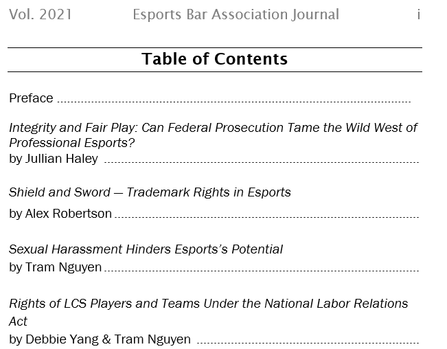 esportsbar's tweet photo. The EBA Journal is proud to announce the selected articles for the 2021 Volume. Thank you to all those who submitted manuscripts. Our editorial team was impressed by everyone's creativity and commitment to contributing to legal literature on esports. 1/6 https://t.co/ufMIcLRjKW