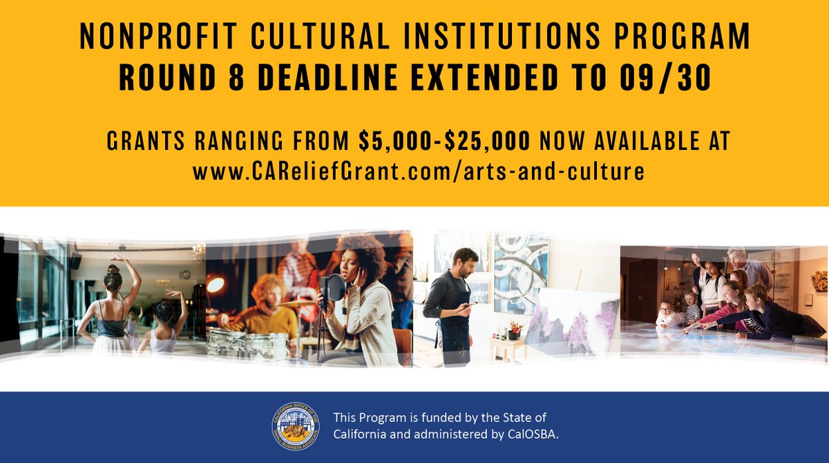 Grants up to $25,000 are still available for eligible nonprofit cultural institutions! Round 8 deadline has been EXTENDED to 9/30. Eligible applicants from Round 4 do not need to reapply. New applicants will need to apply at buff.ly/3mFC8DW.