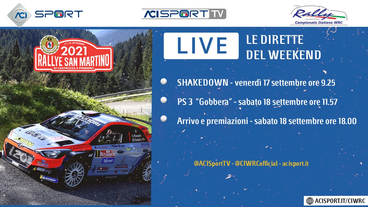TIRallyofficial's tweet photo. Un altro weekend di emozioni con il #CIWRC è alle porte! 🤩
📌 Domani lo shakedown del #RallySanMartino 
👉 Ecco gli orari dei collegamenti in diretta di ACI Sport TV  (canale 228 di sky e https://t.co/vQOVCAjrTs) 
🔴 Le dirette del rally verranno trasmesse anche su fb 📱👀 https://t.co/sdya076UgC