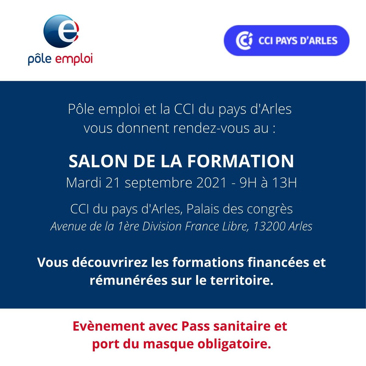 Une date à retenir: le 21 septembre!⏳Le Salon de l’emploi c’est apporter une réponse locale pour développer les compétences des chercheurs d’emploi sur les métiers en tension #AvecPôleEmploi et <a href="/CCIPAYSARLES/">CCI du Pays d'Arles</a> pour #boosterleterritoire