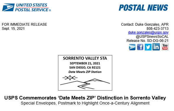 USPSNewsSoCal's tweet photo. #USPS commemorates when San Diego Sorrento Valley Post Office ZIP Code aligns with calendar date of 9/21/21. Special postmark &amp; envelopes available at the office 3974 Sorrento Valley Blvd. See press release for more info. https://t.co/ddrrS6o9oa #DateMeetsZip https://t.co/XgaV4w5uP0