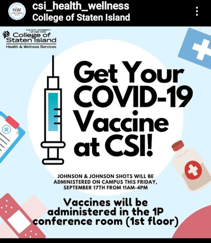 J&amp;J shots will be administered on campus this Friday, September 17 from 11am-4pm in 1P conference room (1st Floor). Must be age 18 or over to get the vaccine. Vaccines are FREE with or without insurance. Eligible for the $100 incentive. 
Register here: hipaa.jotform.com/212516759946165