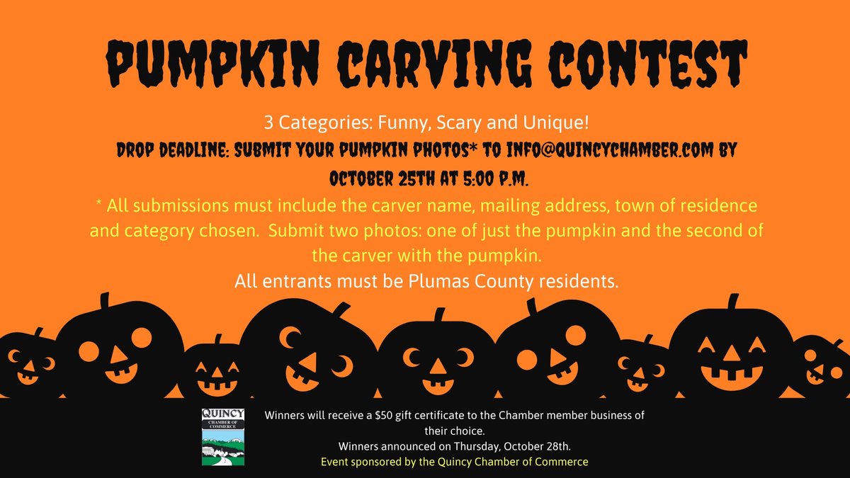 Think you got skills?  Submit your photos for a chance to win a $50 gift certificate to the Quincy Chamber business of your choice!  Drop deadline: October 25th!  #pumpkincarving #contest #quincyca #plumascounty