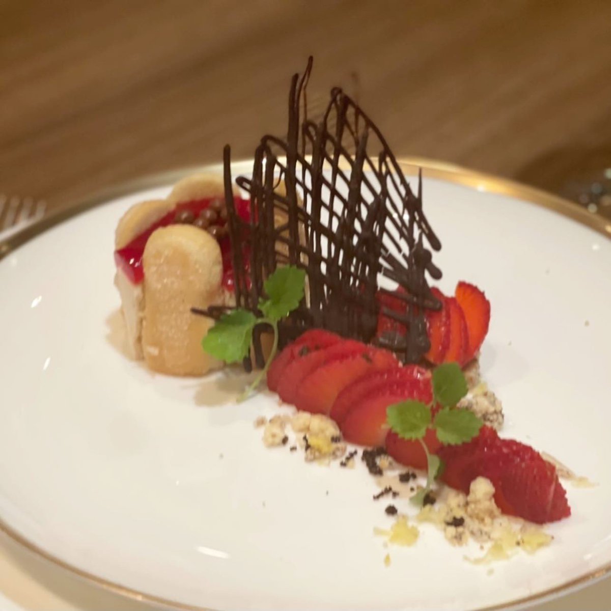 The Charlotte Russe! 
A lot of ❤️ &amp; A lot of Gelatin went into this dish
We embraced our #roaring20s 
Strawberry Charlotte Russe, Bavarian Cream, White Chocolate Brown Butter Crumble, Espresso Sea Salt
#pastry #desserts #sweet #sweeteats #chocolate #chocolatelovers